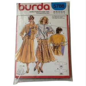 Vintage 80s Burda 5788 Sewing Pattern Uncut Blouse Skirt Set Lace Up Size 10-18